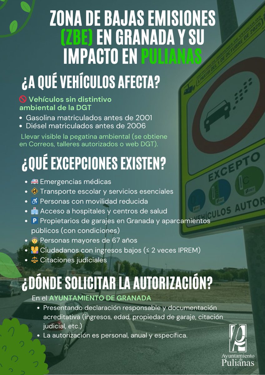 🚗 ℹ️ El 1 de octubre entra en vigor la ZBE en Granada.

Afecta a vehículos sin distintivo DGT (gasolina <2001, diésel <2006).
👉 Excepciones: emergencias, +67 años, rentas bajas, garajes, hospitales...
📍 Solicitudes en el Ayto. de Granada.
Más info 👉 movilidadgranada.com/zbe.php