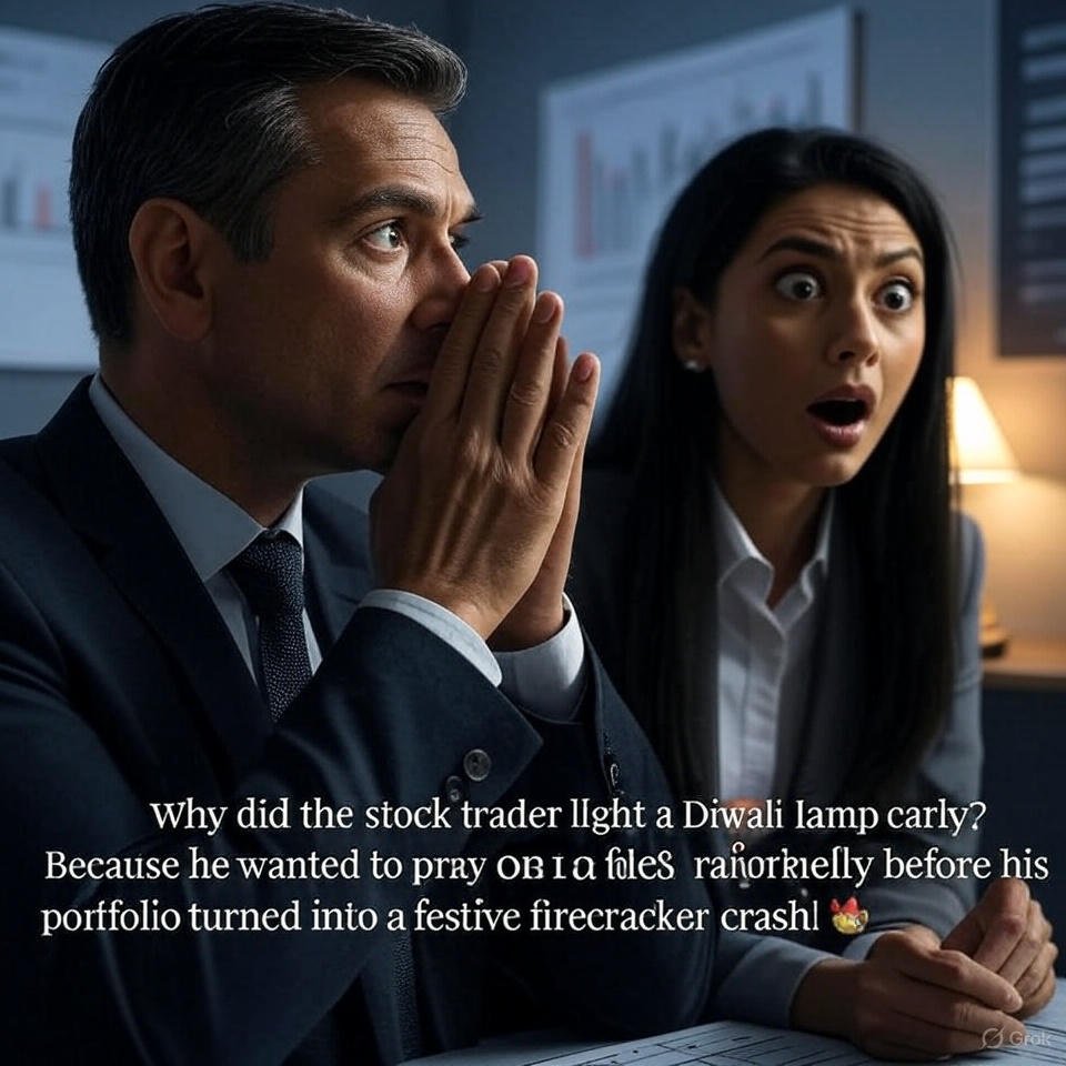 vineet2806's tweet image. Why did the stock trader light a Diwali lamp early? Because he wanted to pray for a market rally before his portfolio turned into a festive firecracker crash! 🎇📉 #DiwaliHumor #StockMarketBlaze