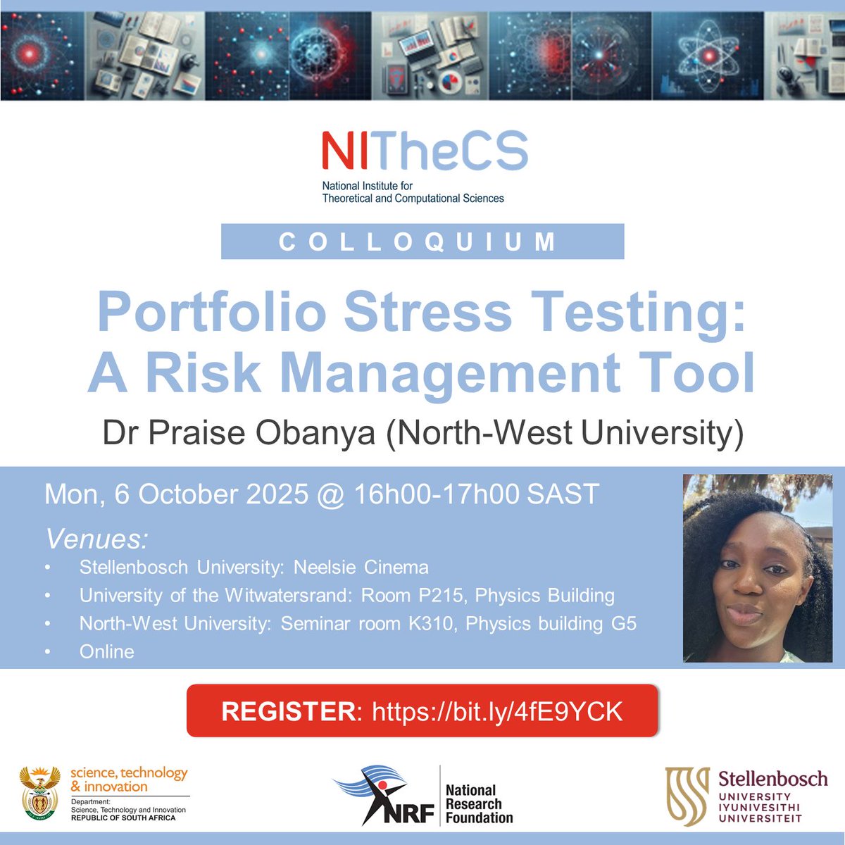 NITheCS's tweet image. NITheCS Colloquium: 'Portfolio Stress Testing: A Risk Management Tool' - Dr Praise Obanya (North-West University) - Mon, 6 October 2025 @ 16h00-17h00 SAST. Attend online or in person. buff.ly/vepLpSn
#stresstest #cashflow #financialstatements #macroeconomy #economics