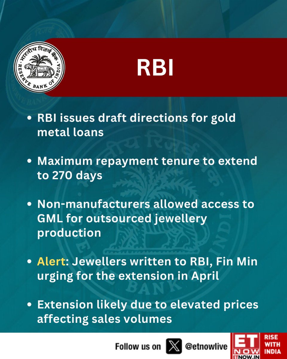 ETNOWlive's tweet photo. #NewsAlert | RBI issues draft directions for gold metal loans  

Maximum repayment tenure to extend to 270 days from 180 days; these are the other details👇

@RBI #gold #loan #goldloan https://t.co/4hcSRSJKG1