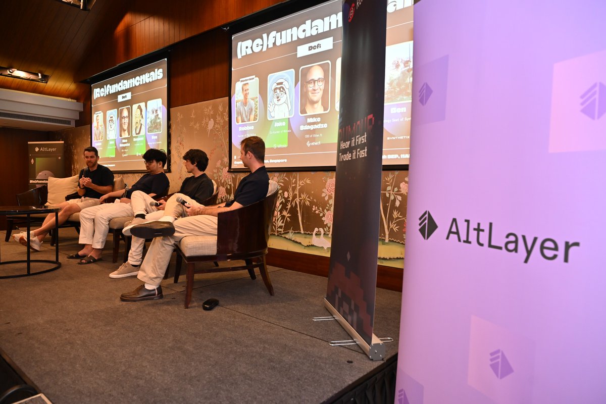 alt_layer's tweet image. DeFi panelists @robbie_rollup (moderator) @therollupco, 
@Jake_on_me of @MitosisOrg, @Benjamin918_ of @capmoney_, and @CelermajerB of @synthetix_io took a walk down the DeFi memory lane, talked stablecoins, capital formation and the era that we&apos;re entering, now that institutions…
