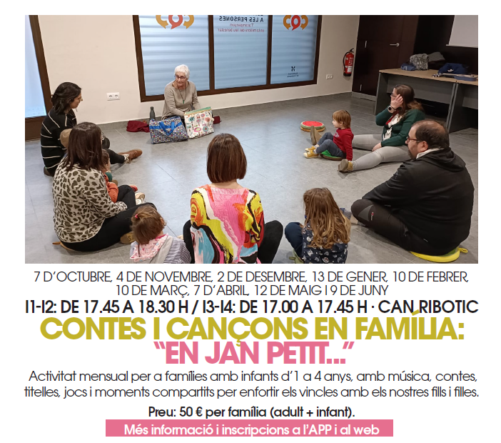 🎶📚 Contes i cançons en família: En Jan petit...!
Per a famílies amb infants d’1 a 4 anys → música, contes, titelles i jocs ✨
📅 Activitat mensual
👉 Inscripcions: f.mtr.cool/bywqyczmdn
#Vilablareix #Famílies #ActivitatsInfantils