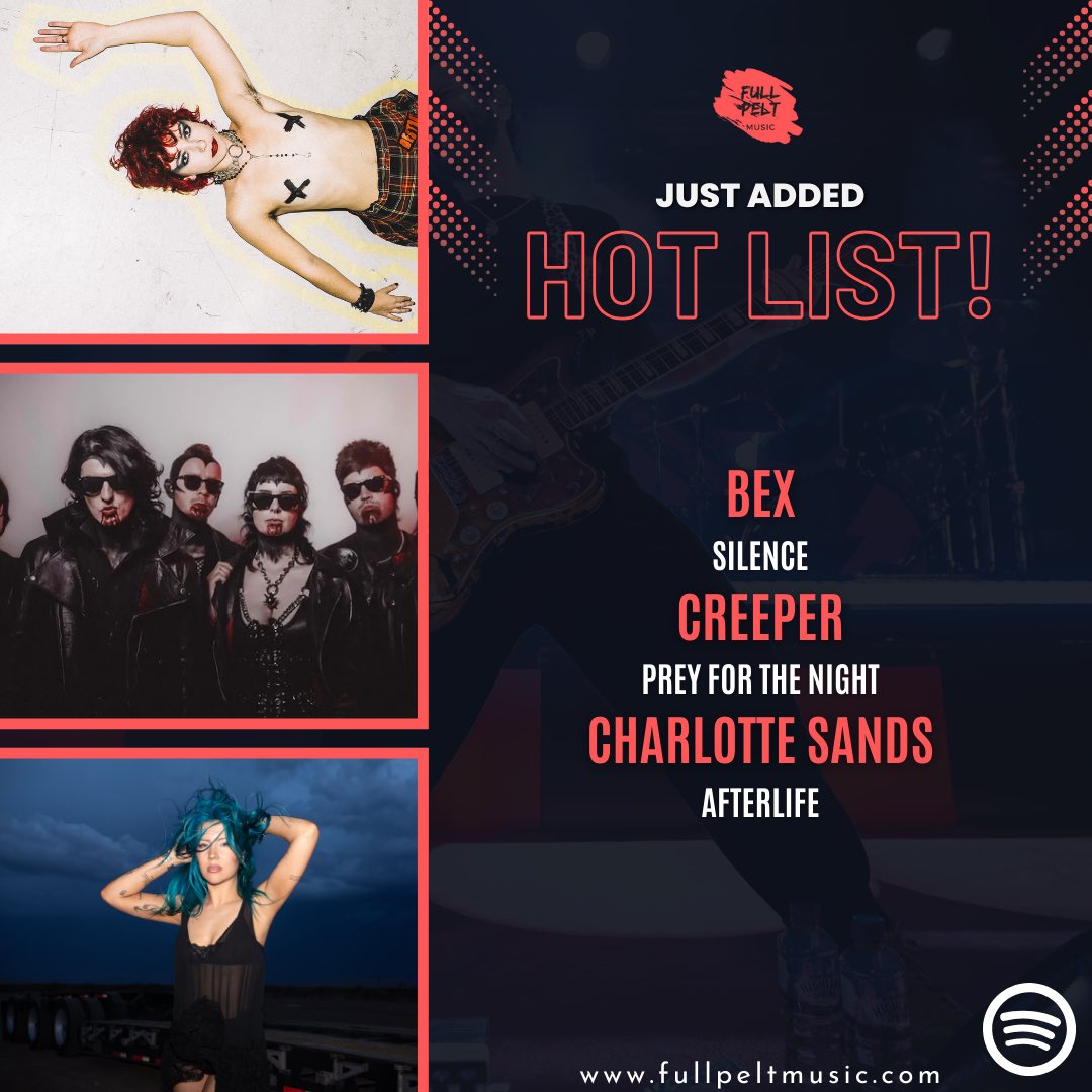 fullpeltmusic's tweet photo. JUST ADDED to our @Spotify Hot List!
 
@BEXBEXMUSIC - 'silence'
@creepercultuk 'Prey for the Night'
@charlottesands - 'Afterlife'
 
Listen
https://t.co/OXBEReZkJk
 
Magazine 
https://t.co/zuRxAOYsqh https://t.co/yS1Tn7dO8T