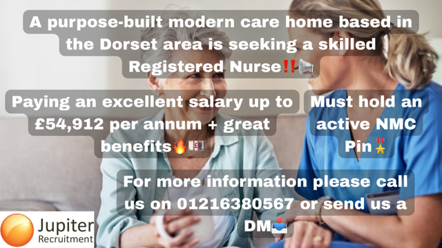 Jupiter_rec's tweet photo. Registered Nurse for a care home based in the Dorset area. Paying up to £54,912 per annum + great benefits !! Must hold an active NMC Pin. Contact us today via DM, call us on 0121 638 0567, or message us on WhatsApp at 07856 209032 https://t.co/FpxdUpsXLO