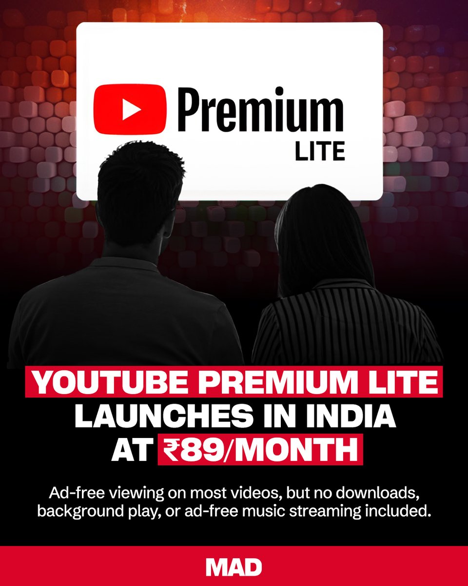 mobileappdaily's tweet image. For the price of a coffee, you can enjoy ad-free YouTube all month. Premium Lite at ₹89 makes it possible.

#YouTube