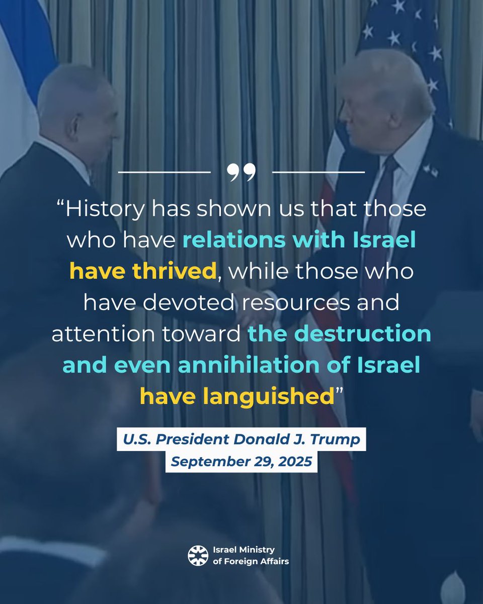 Yesterday 🇺🇸President Donald J. Trump &amp; 🇮🇱Prime Minister Benjamin Netanyahu shared their vision, highlighting the strength of enduring partnerships and the hope for a peaceful future 
🇺🇸🤝🇮🇱