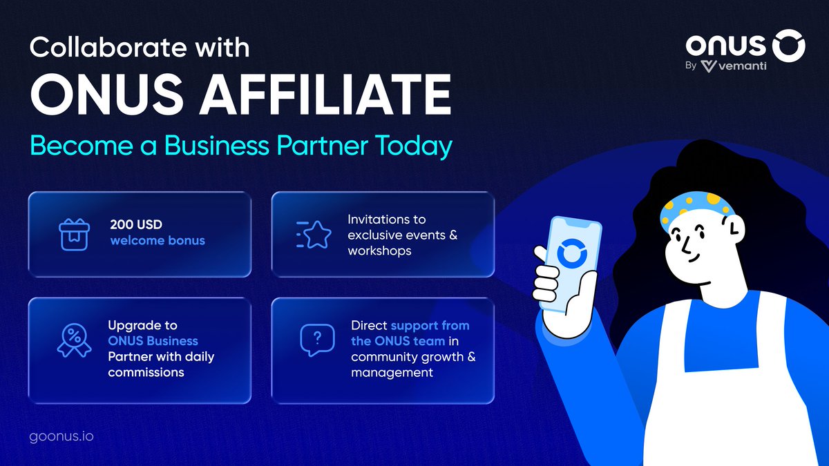ONUSFinance's tweet photo. 🤝 Collaborate with ONUS Affiliate - Become a Business Partner 
 
With just 10,000 followers on Facebook, TikTok, YouTube, Telegram, X, Instagram, and more, you can already start earning daily income through the ONUS Affiliate Program.

👉 What you’ll get:

- 200 USD welcome bonus upon joining
- Daily commissions according to ONUS policy
- Priority support for community growth
- Long-term partnership opportunities with ONUS
- Simple - Transparent - Unlimited income 🚀

✅ Register here: https://t.co/yCHzK5D0hh