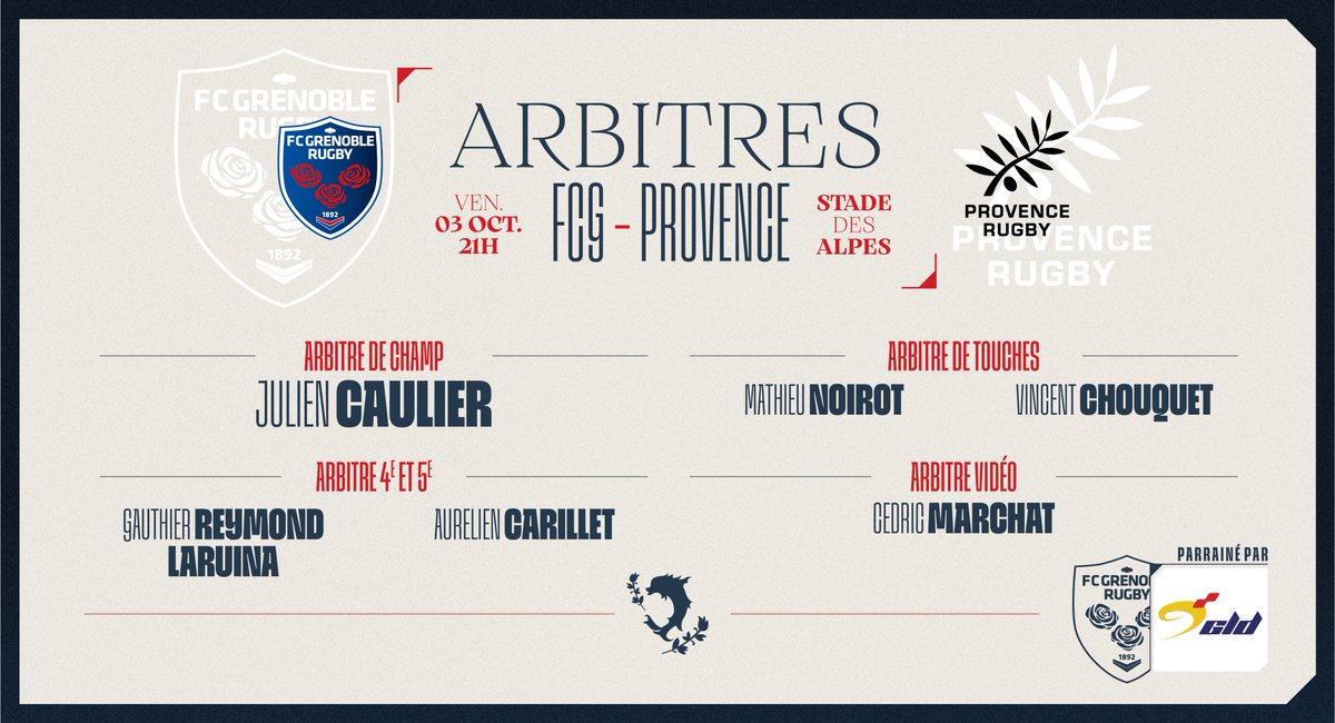 FCGrugby's tweet photo. 🚚 Grenoble Logistique Distribution vous livre les arbitres de la 6e journée de ProD2, pour laquelle le FCG reçoit Provence, ce vendredi 3 octobre à 21h au Stade des Alpes !
#FCGPR #AllezFCG 🔴🔵
https://t.co/vN1QK74NHz https://t.co/PzyFjSjtag