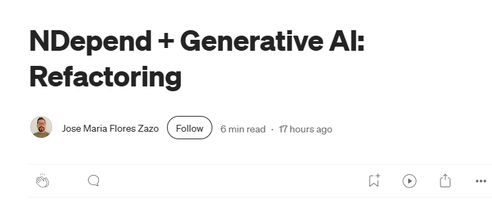 ndepend's tweet image. NDepend + Generative AI: Refactoring by Jose María Flores Zazo
medium.com/@jmfloreszazo/… #genai #refactoring #ndepend #codeanalysis #SAST