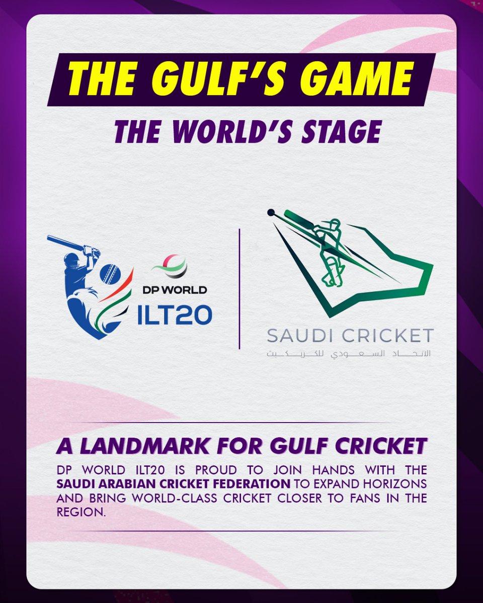 ILT20Official's tweet photo. 🚨 ANNOUNCEMENT 🚨

🌍🤝 A new chapter for Gulf cricket.

DP World ILT20 is proud to join hands with the Saudi Arabian Cricket Federation to grow the game across the region and beyond.

Read more: https://t.co/Qb4Q8rMrzt

#DPWorldILT20 #AllInForCricket #WhereTheWorldPlays https://t.co/KgANWIgdgO