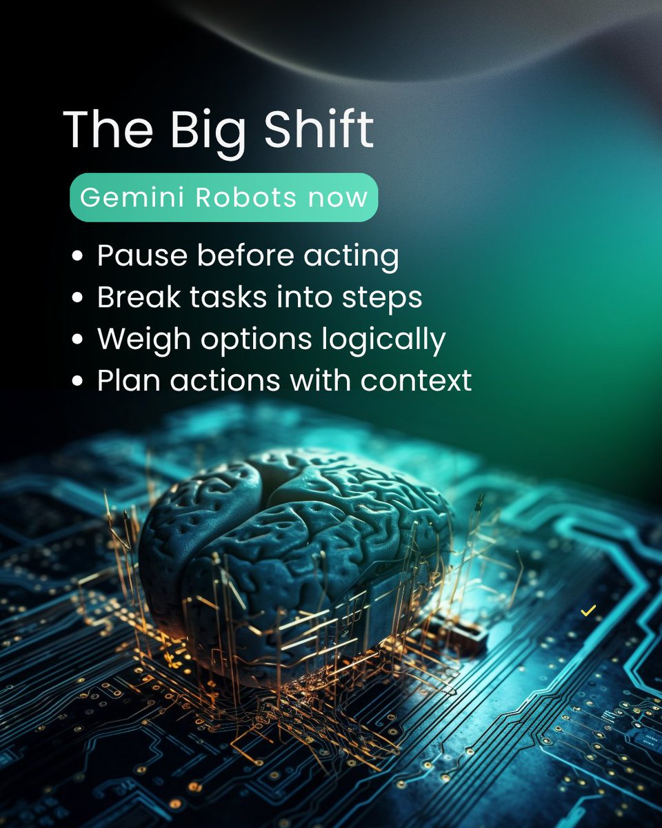 signity's tweet image. Google DeepMind just launched #Gemini Robotics 1.5. For the first time, robots can:

🧠 Pause and think before acting
🔄 Share skills with other robots
🌐 Look up real-world info, like weather or rules
🛡️ Check for safety before moving

#ai #geminirobotics #googledeepmind