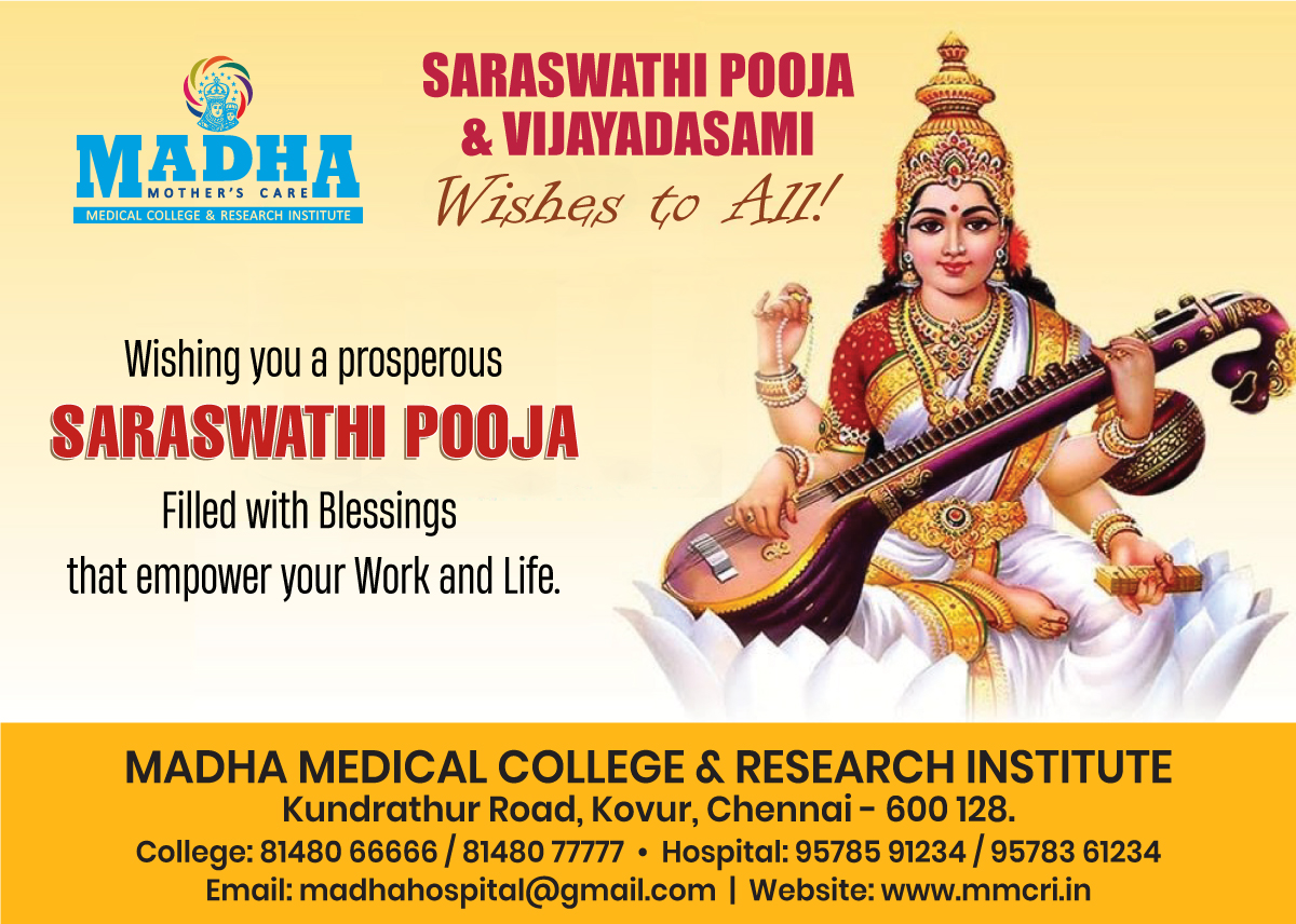SMmcri's tweet image. May the celebration of this auspicious Festival 
guide you to towards prosperity, growth,and accomplishment.
Happy Saraswathi Pooja &amp;amp; Vijayadasami Wishes to all.
#SaraswathiPooja #Vijayadasami
#MMCRI #MadhaMedicalCollege #MadhaHospital #SuperSpecialityHospital #Kovur #Chennai