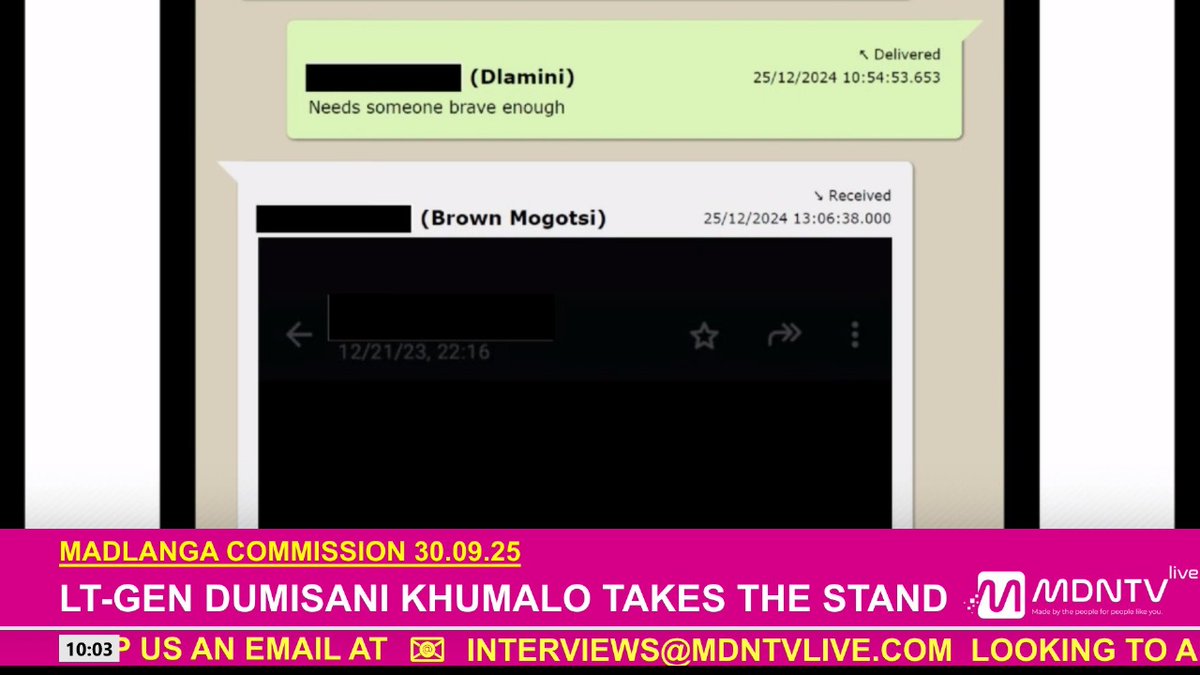 MDNnewss's tweet photo. WhatsApp chats between businessman Vusimuzi “Cat” Matlala (also known as Dlamini) and Brown Mogotsi have emerged as key evidence at the Madlanga Commission of Inquiry. 

The messages, retrieved from Matlala’s phone and analysed by Crime Intelligence head Lt-Gen Dumisani Khumalo, suggest tender rigging, political access and interference in police operations. 

Khumalo said the patterns echo allegations of a powerful “Big Five” cartel influencing SAPS contracts and decisions.
