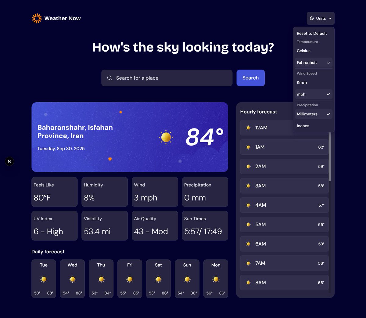 kiaakamran's tweet image. Working on Weather App for #FM30Hackathon 🌤️

✅ Next.js SSR and RSC for weather data
✅ React Aria for accessibility
✅ Fully responsive
✅ now focus on =&amp;gt; Improving accessibility
Preview: weather-app-kiaaka.vercel.app
Thanks @frontendmentor for this great opportunity!