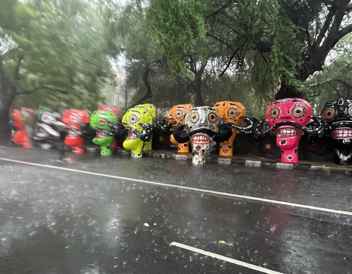 Delhi heavy rain might have damaged the Ravana effigies that were prepared for the upcoming Dussehra festival.express photo by Renuka puri