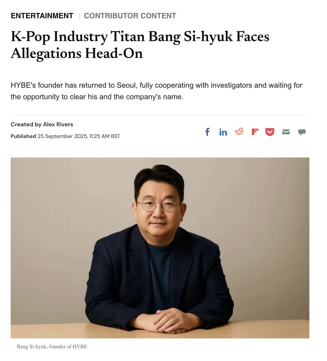 Jeff__Benjamin's tweet photo. Five days after publication, an article about HYBE's Bang Si-Huyk's legal situation labeled "Contributor Content" by the @IBTimes' @IBTimesUK has changed the author, photo, intro and several words, only adding "Disclaimer: The content has been updated"

Side by side comparison: https://t.co/e4gniVEM7B