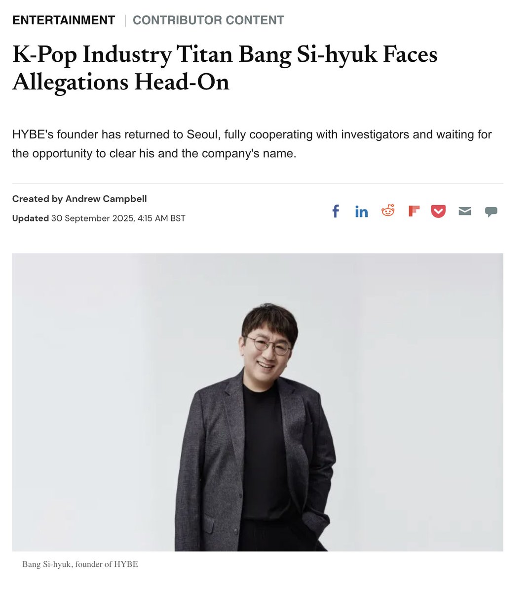 Jeff__Benjamin's tweet photo. Five days after publication, an article about HYBE's Bang Si-Huyk's legal situation labeled "Contributor Content" by the @IBTimes' @IBTimesUK has changed the author, photo, intro and several words, only adding "Disclaimer: The content has been updated"

Side by side comparison: https://t.co/e4gniVEM7B