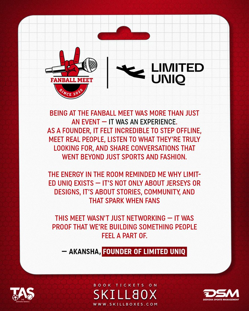 FanBallMeet's tweet image. From Delhi to Mumbai, Limited UniQ joins us once again at FanBall Meet!
Akansha Singh, Founder, shares how this community goes beyond sports and fashion. It’s about people, stories, and the magic that happens when fans and creators come together.