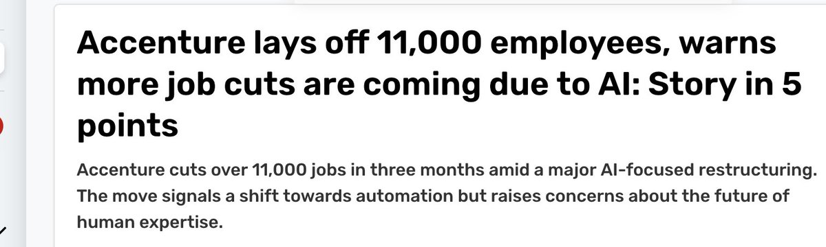 ankur_lhr's tweet photo. Accenture just cut 11,000 employees—citing AI skill gaps.
I've been saying this: depending on corporate AI training programs is career suicide. 

This isn't about unfairly shifting responsibility. It's about survival in a world that won't wait for you. https://t.co/Pppv6MBqs5