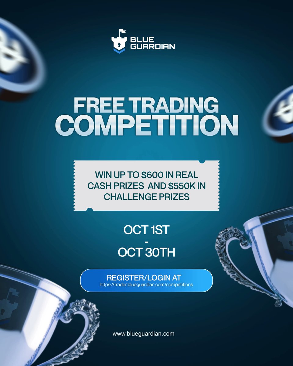 BlueGuardiancom's tweet image. October trading competition is here, and last chance to join is now! 🚨
$600 in CASH rewards plus $550,000 worth of challenge accounts. All completely FREE
No excuses, no entry fee, no risk, just your skills against the charts. ⚡
Join now at trader.blueguardian.com/competitions 📍