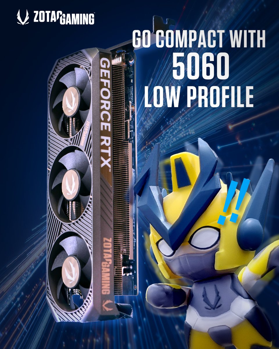 ZOTAC_UK's tweet image. Limited space? No problem.

The ZOTAC GAMING GeForce RTX 5060 Low Profile may be the perfect candidate, while offering the latest tech and performance the GeForce RTX 50 Series brings.

#ZOTAC #RTX5060 #LowProfile