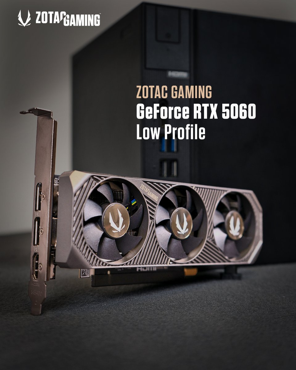 ZOTAC_UK's tweet image. Limited space? No problem.

The ZOTAC GAMING GeForce RTX 5060 Low Profile may be the perfect candidate, while offering the latest tech and performance the GeForce RTX 50 Series brings.

#ZOTAC #RTX5060 #LowProfile