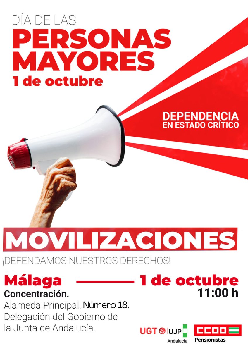 📢💥 #Dependencia en estado crítico:
⚠️ 593 días de espera
⚰️ +8.000 fallecidos
🏥 Déficit: 33.000 plazas
😔 47% sufre soledad

📢1/10/2025
📍 Delegación de Gobierno de la Junta de Andalucía (Alameda Principal nº 18, Málaga)
🕚 11:00h
#MayoresConDerechos #Andalucía