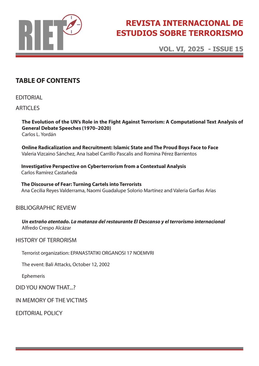 🇪🇸Ya tenéis disponible el número 15 de la Revista Internacional de Estudios sobre Terrorismo. Accede a todo el contenido de forma gratuita en este enlace: rietjournal.org/wp-content/upl…

🇬🇧Issue 15 of RIET is now available. Access all content for free here: rietjournal.org/wp-content/upl…