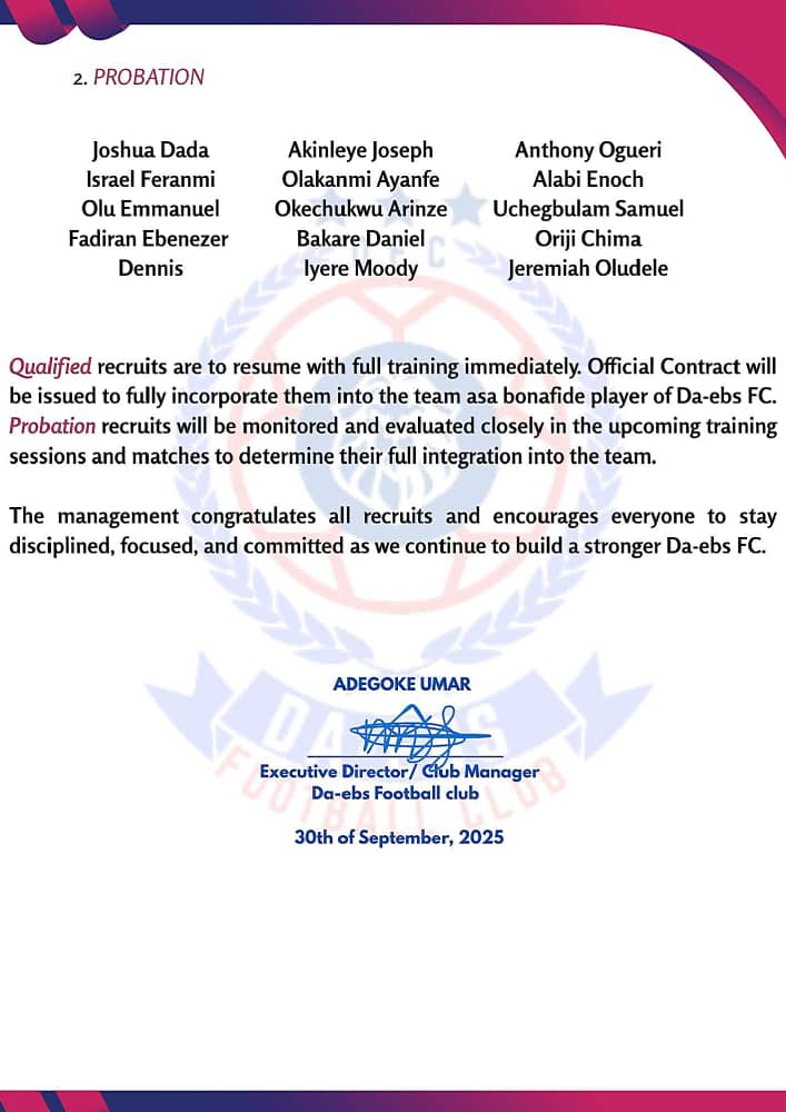 🚨 OFFICIAL MEMO FROM DA-EBS FC 🚨

The wait is over! Following a rigorous recruitment and screening process, the official list of QUALIFIED and PROBATION recruits for the 2025 season is here!  

Talent. Dedication. Growth. This is just the beginning.  ✨🤍
#DA_EBSFC