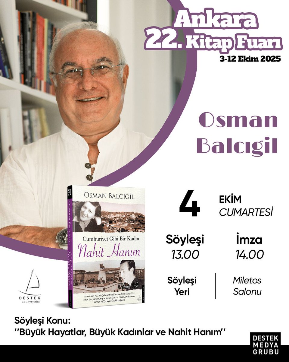 Merhaba Sevgili Ankaralılar,
22. Kitap Fuarı’nda 4 Ekim Cumartesi günü 13.00’de sizlerle olacağım. Konuşacağımız epey şey birikti. Öncelikle Nahit Hanım’dan söz edeceğiz. Nahit Hanım “Büyük Hayatlar” adını verdiğim “Biyografik Roman” karakterlerimden sadece biri. Yeri gelmişken