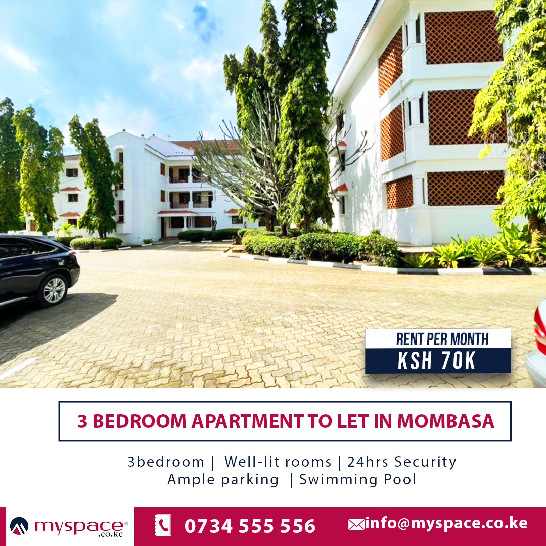 Myspace_Kenya's tweet image. Discover this elegant 3-bedroom apartment in a prime location in Mombasa. Enjoy a spacious living area, well-lit rooms, ample parking, and a secure, serene environment – perfect for comfortable living.

Call 0734 555 556 today to reserve this unit.
#tolet #mombasa