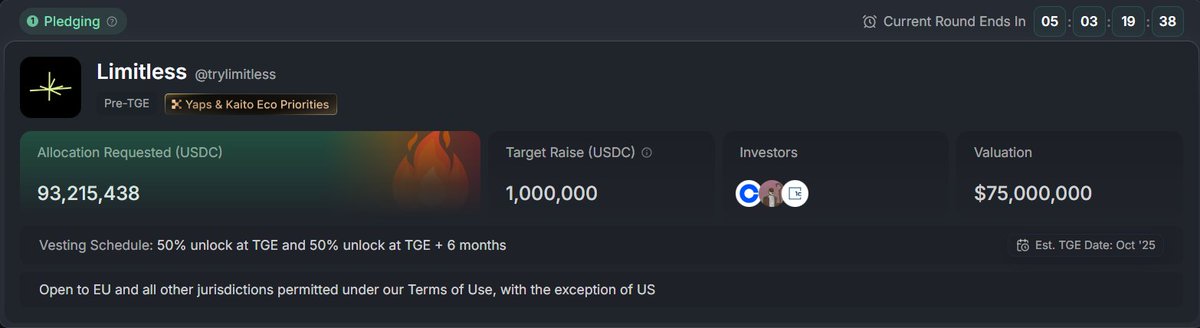 Web_3Maven's tweet image. 🔥 @trylimitless is now live on Kaito.
Top-ranked. Most searched.
From Base to the top of discovery — the velocity speaks.
Prediction markets, reimagined for speed, scale, and conviction.
Limitless is where crypto trades get expressed. 
Also $LMTS sale live on Kaito and 9000%…