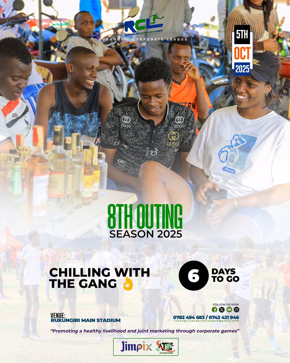 Chilling with the gang 👌
6 days on the count down.
Don’t miss to be part of us in the 8th outing.

🗓 05/10/2025.
🏟 Rukungiri Main Stadium.
 ✅ Free entry for the general public.

Experience a full year of corporate sports.
#RukungiriCorporateLeague2025