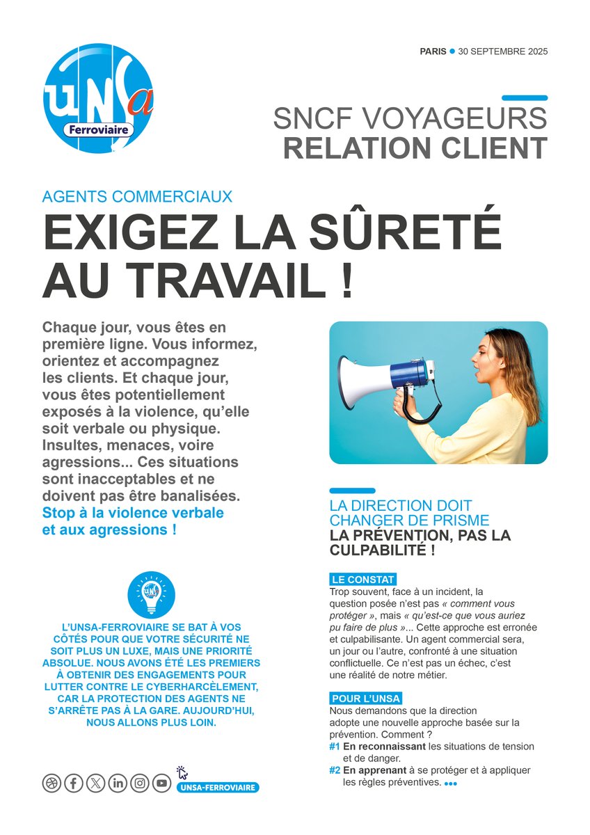 // SNCF VOYAGEURS // Relation client : stop aux agressions ‼️ Que demande l'<a href="/UNSAFerro_Off/">UNSA-Ferroviaire</a> pour améliorer le quotidien des agents ❓ #Sûreté #Commercial #NosRevendications 

Je clique ici ▶ tinyurl.com/5zz9kwfk