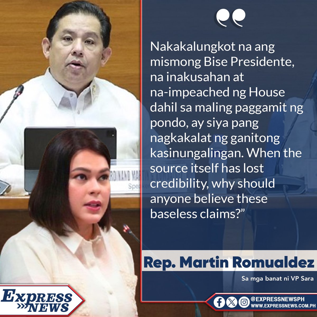 ExpressNewsPH's tweet photo. INDAY, NAG-KAKALAT NG FAKE NEWS?!

Mariin itinanggi ni dating Speaker Martin Romualdez na may koneksyon siya sa iligal na pasugalan sa bansa at pumaldo ng limpak-limpak na para mula sa flood control projects. https://t.co/ExXZhdgk3F