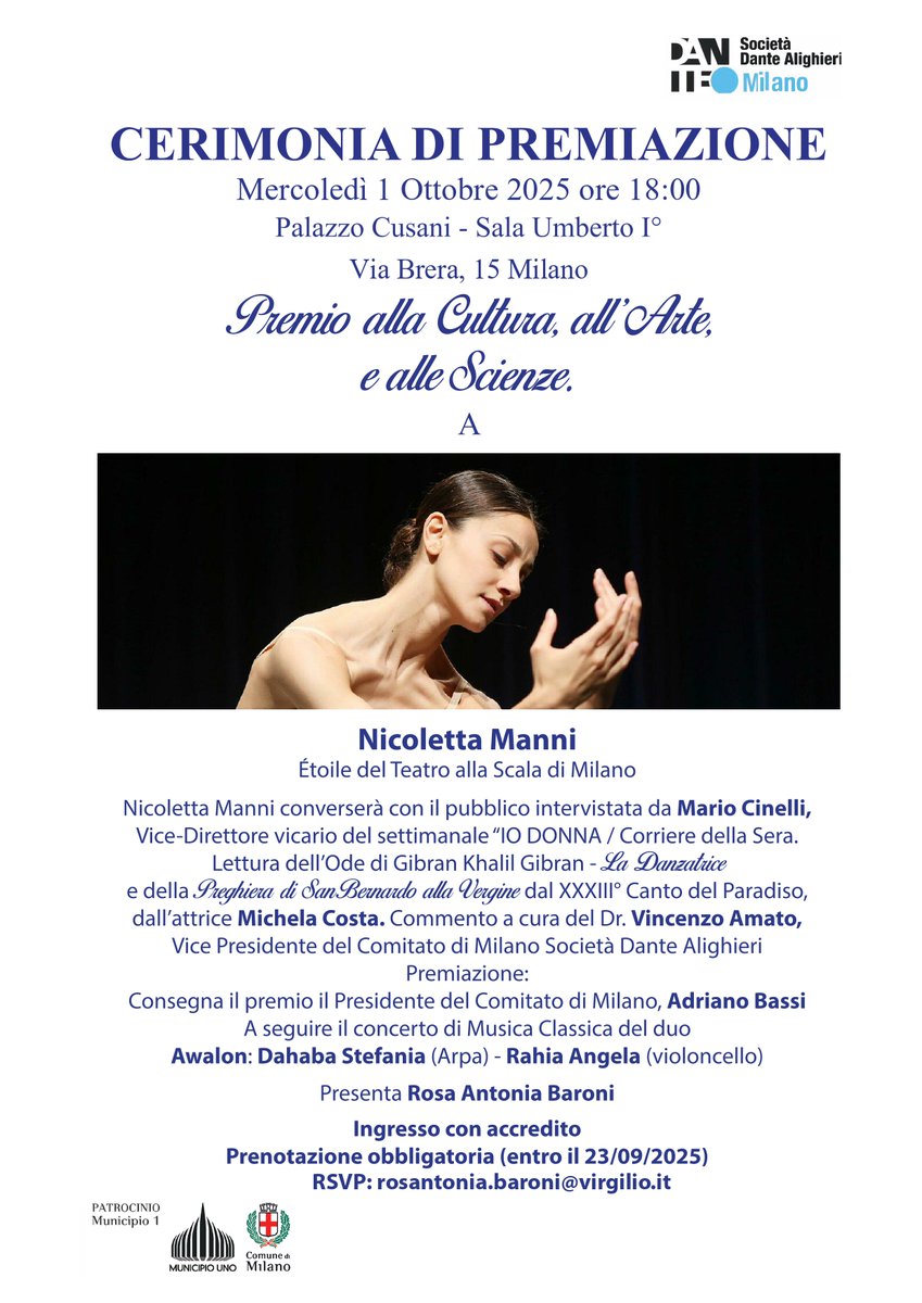la_dante's tweet photo. 🏆 Domani, 1 ottobre, il Comitato di #Milano della Società Dante Alighieri consegnerà a Nicoletta Manni, étoile del Teatro alla Scala, il Premio alla Cultura, all'Arte e alle Scienze, Premio patrocinato dal Municipio Uno del Comune di Milano. https://t.co/OyRV76PI8B