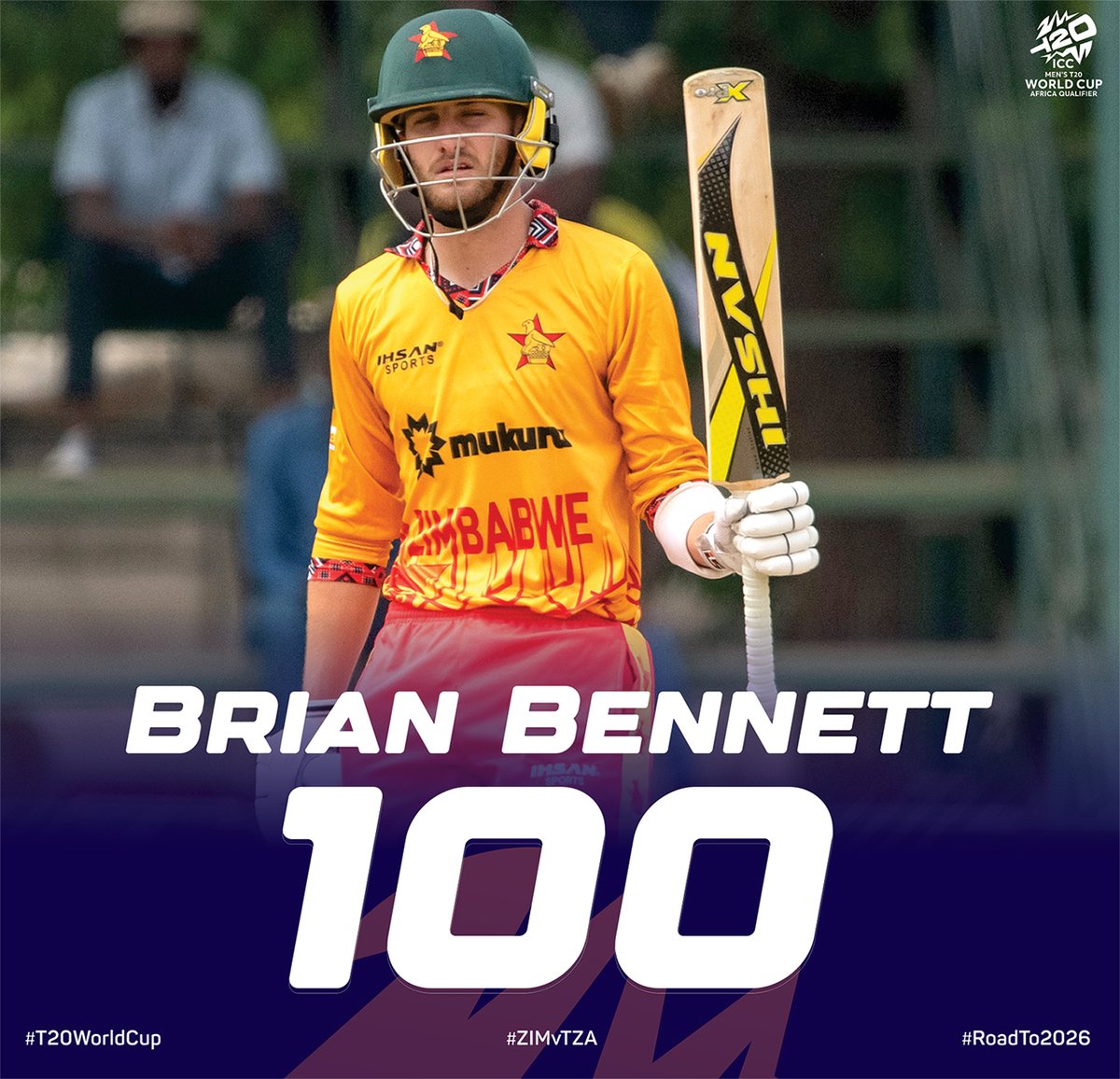 ZimCricketv's tweet photo. WHAT. A. KNOCK 🔥 

A maiden T20I century for Brian Bennett 👏

Watch LIVE on https://t.co/BA4jRh7ED1

#T20WorldCup #RoadTo2026 https://t.co/p81bcUAJHt