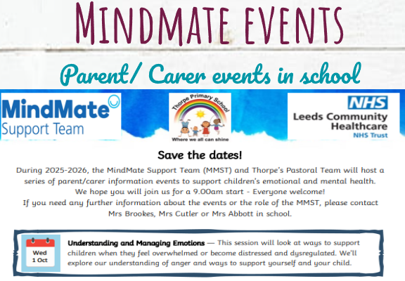 Tomorrow (Wed 1st Oct) we have our MindMate Support Team parent/carer workshop focusing on supporting your child(ren) with managing their emotions. Feedback from last year's workshop was really positive so we do hope you will be able to join us in the school library at 9am.