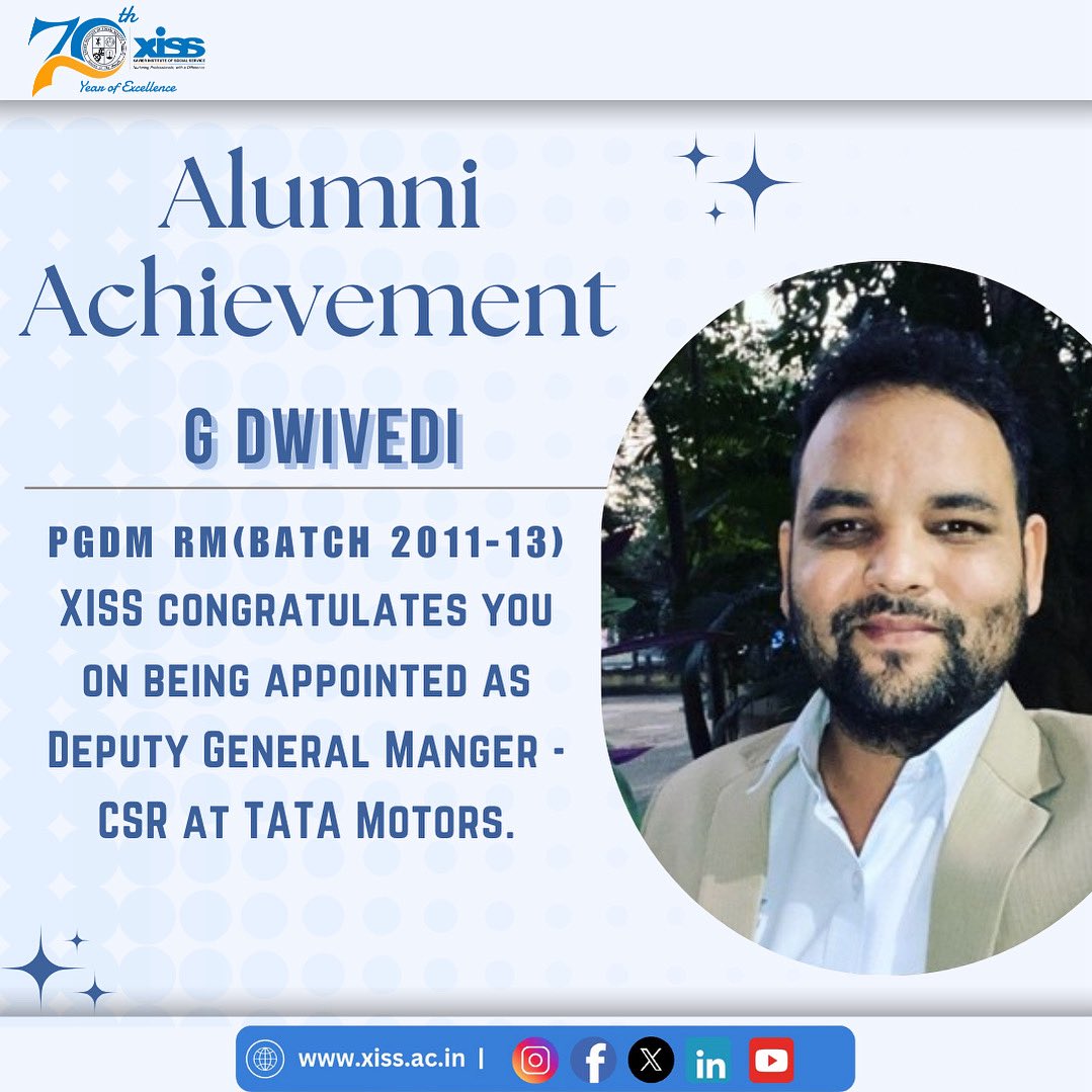 XISSRanchi's tweet image. It is with immense pleasure we share that Mr G Dwivedi, an #alumnus of PGDM-RM, Batch of 2011-13, has been appointed as Deputy General Manager - #CSR at @TataMotors. #XISSRanchi congratulates him &amp;amp; wishes him the best in all future endeavours.

#AlumniAchievements