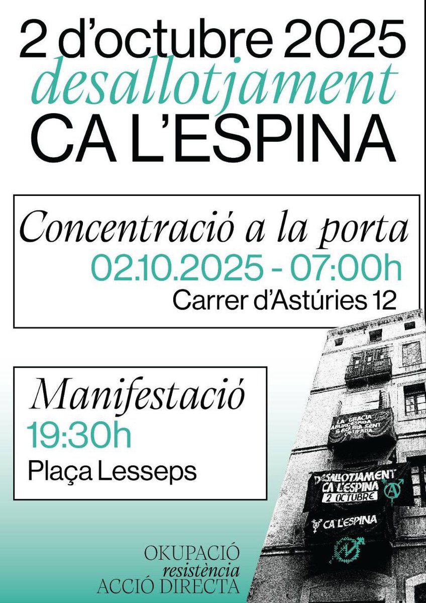 💥El dijous 2 d'octubre, el Sindicat d'Habitatge de Gràcia estarem donant suport a <a href="/Ca_lEspina/">Ca L'Espina 🏴🔥</a>

☀️Matí - 07:00h - Concentració a la porta
🌙Tarda - 19:30h - Manifestació Plaça Lesseps 

✊Aturem el desallotjament!