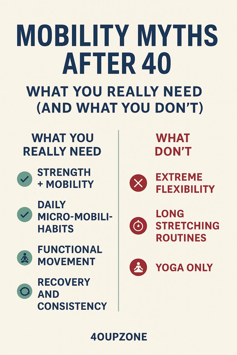 40UpZone's tweet photo. Mobility after 40 isn’t about chasing flexibility — it’s about strength, control &amp; daily habits. 💪

🧠 Bust the myths.
🚶‍♂️ Move smarter.
👣 Age better.

🆕 Blog: Mobility Myths After 40 👉 https://t.co/EHTtUXNg0X
#MobilityAfter40 #MidlifeFitness #40UpZone #HealthyAging https://t.co/dtpZEeLpzY