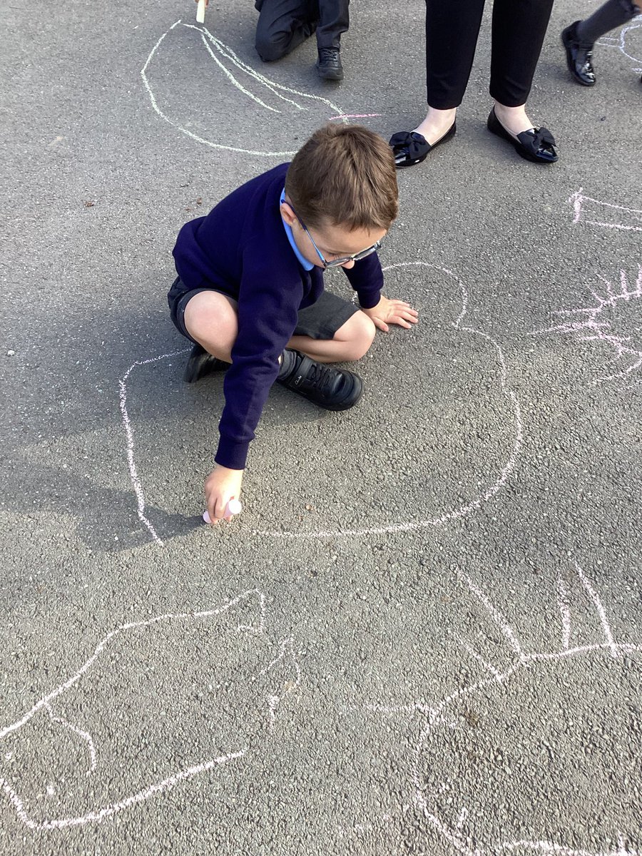 MissS_YR's tweet image. This morning, we went outside to draw what we have been learning about in RE. The children all knew the creation story and represented it in drawings on the playground. #ourladysre