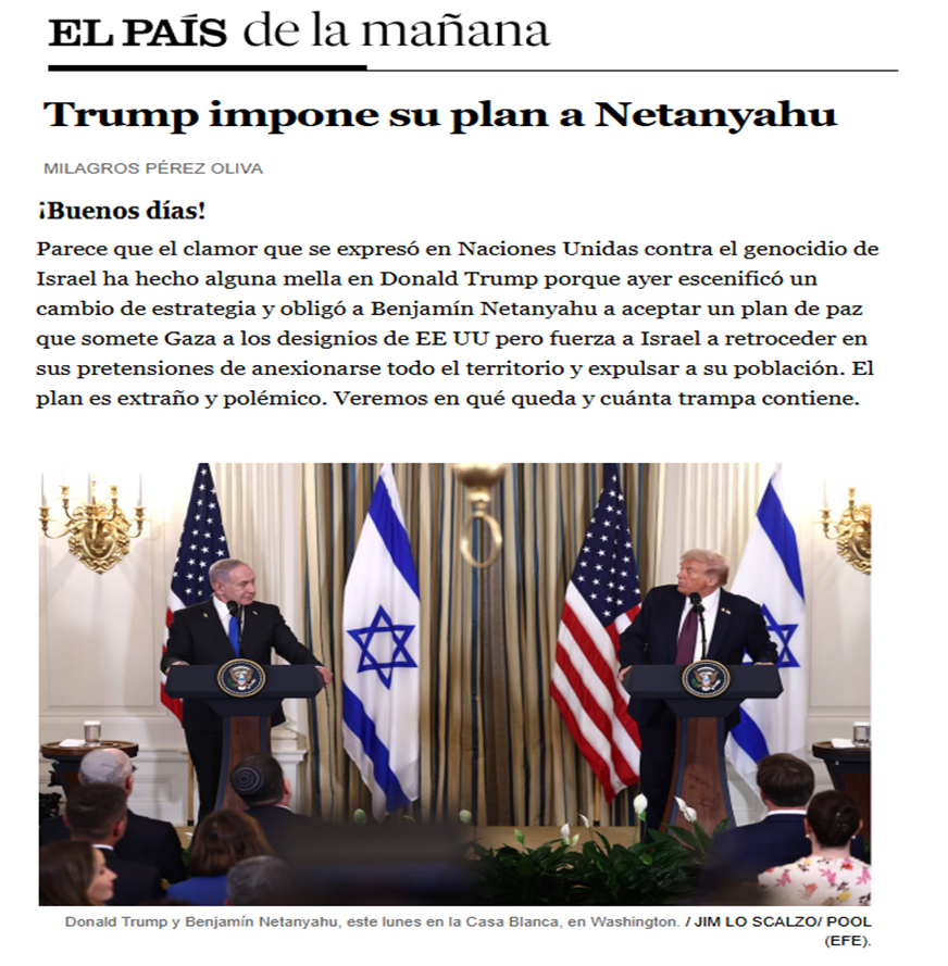 JMAlbertos's tweet photo. ¿Juego de palabras? ¿Parece que el clamor que se expresó en Naciones Unidas contra el genocidio de Israel ha hecho alguna mella en Donald TRUMP? ¿Veremos en qué queda la «PAZ» y cuanta TRAMP+A contiene? ¿TRUMP impone su PAZ de PLAN?... ¿?... ¿?... ¿?... ¿?... https://t.co/HU8CcUmaIM