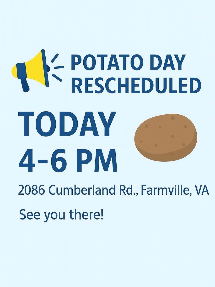 🍠 Sweet Potato Giveaway is TODAY! 🍠
🕓 4–6 PM | 📍 2086 Cumberland Rd, Farmville
✨ Registration is OPEN again—sign up here: docs.google.com/forms/d/e/1FAI…

🙌 Come grab your bag of sweet potatoes!
<a href="/CuCPS/">Cumberland Schools #WeAreCuCPS</a> and at <a href="/PrinceEdwardSch/">Prince Edward</a> families we would love to have you!