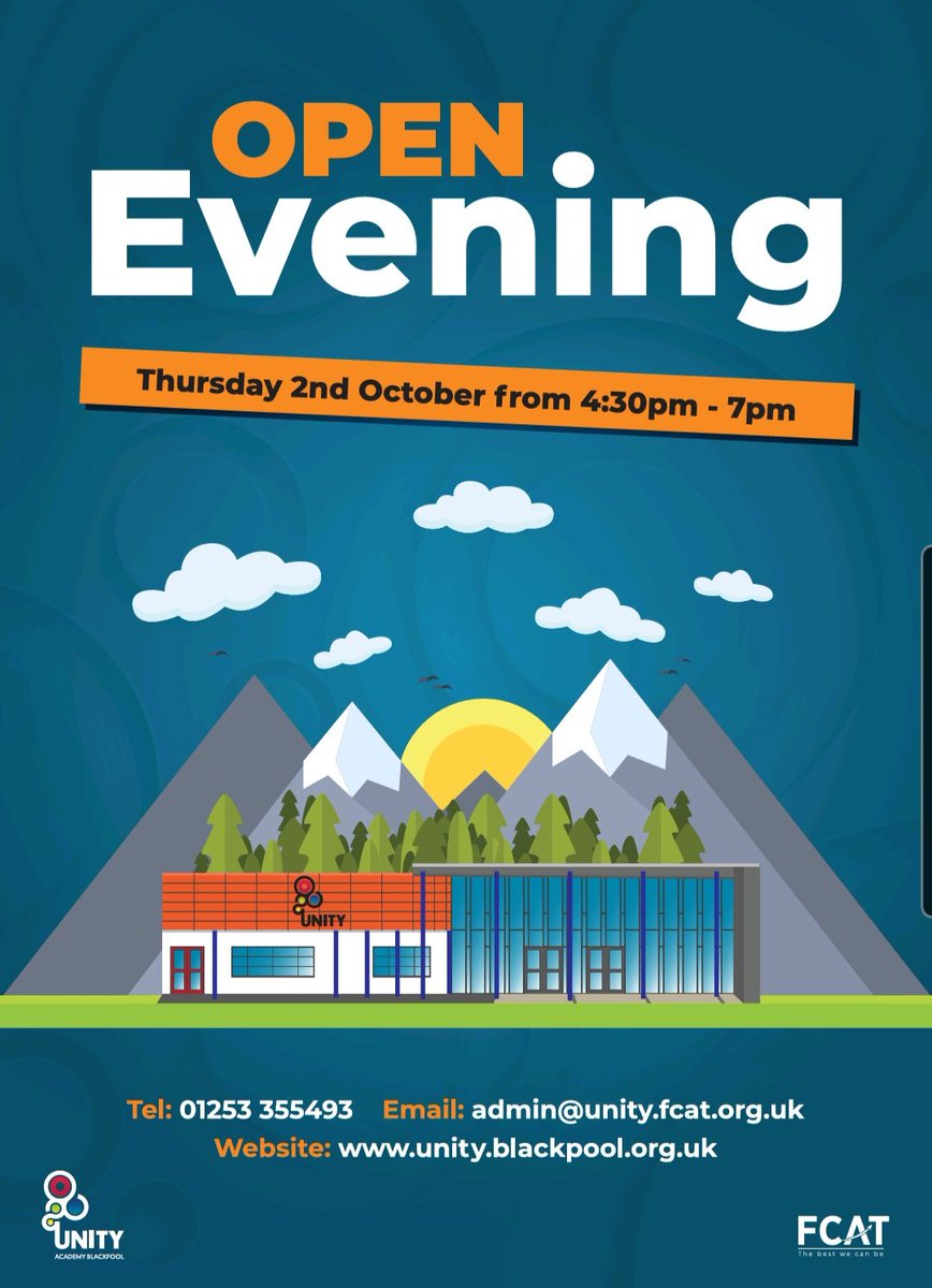 UnityBlackpool's tweet image. Join us for Unity Academy's Open Evening on Thursday, October 2nd 2025!

Come and see both our primary and secondary school and discover what makes our Unity community so special.

Please share this post!