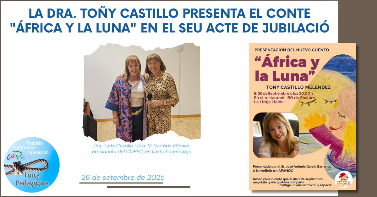 El 26/09 vam acomiadar a <a href="/TonyCastilloMel/">Toñy Castillo</a>, coord. Grup #PedagogiaSalut del COPEC.

📚 En l’acte, en el que hi va assistir <a href="/viquigomezseres/">Viqui Gómez</a>, presidenta del COPEC, va presentar el seu darrer conte "África y la Luna".

Llegeix la noticia a: pedagogs.cat/reg/ca/6773
#ForçaPedagògica