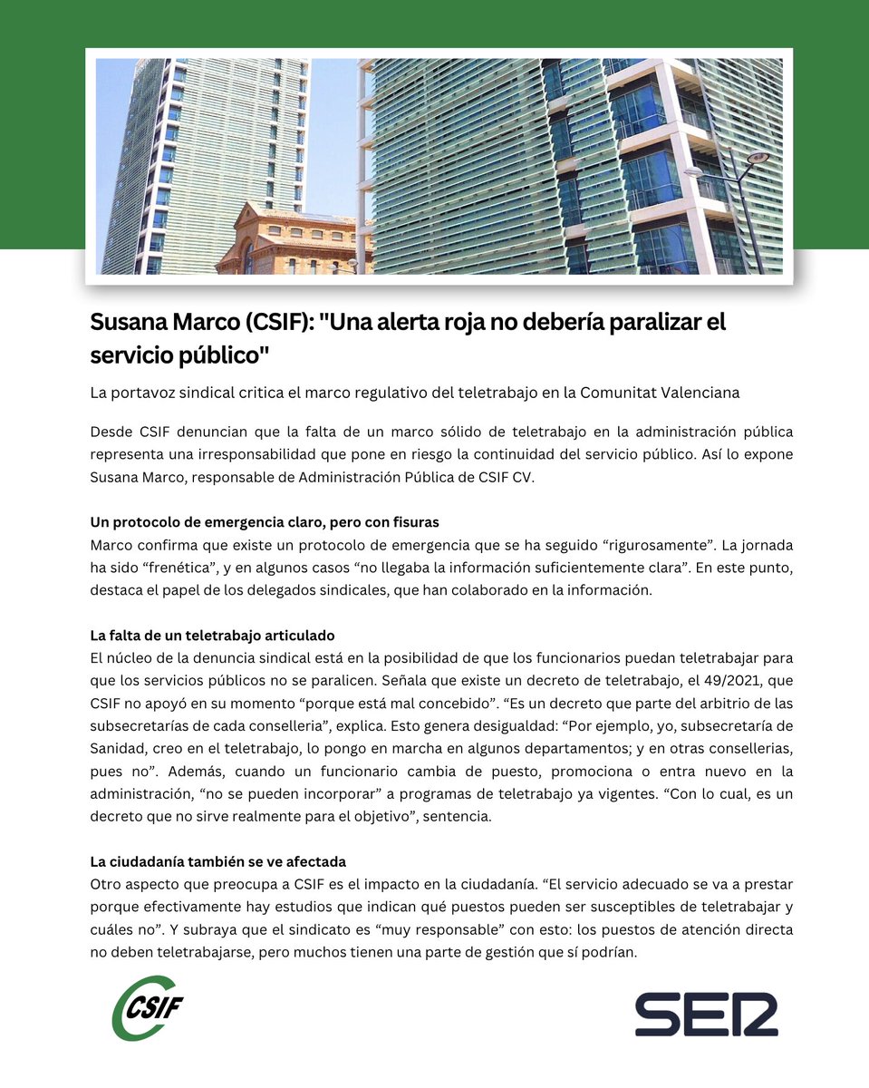 CSIFCV's tweet image. 📢 Susana Marco (responsable autonómica de Administración Pública de CSIF CV): &quot;Una alerta roja no debería paralizar el servicio público&quot;.

🗣️ La portavoz sindical critica el marco regulativo del teletrabajo en la Comunitat Valenciana.

Notica completa en @radiovalencia…