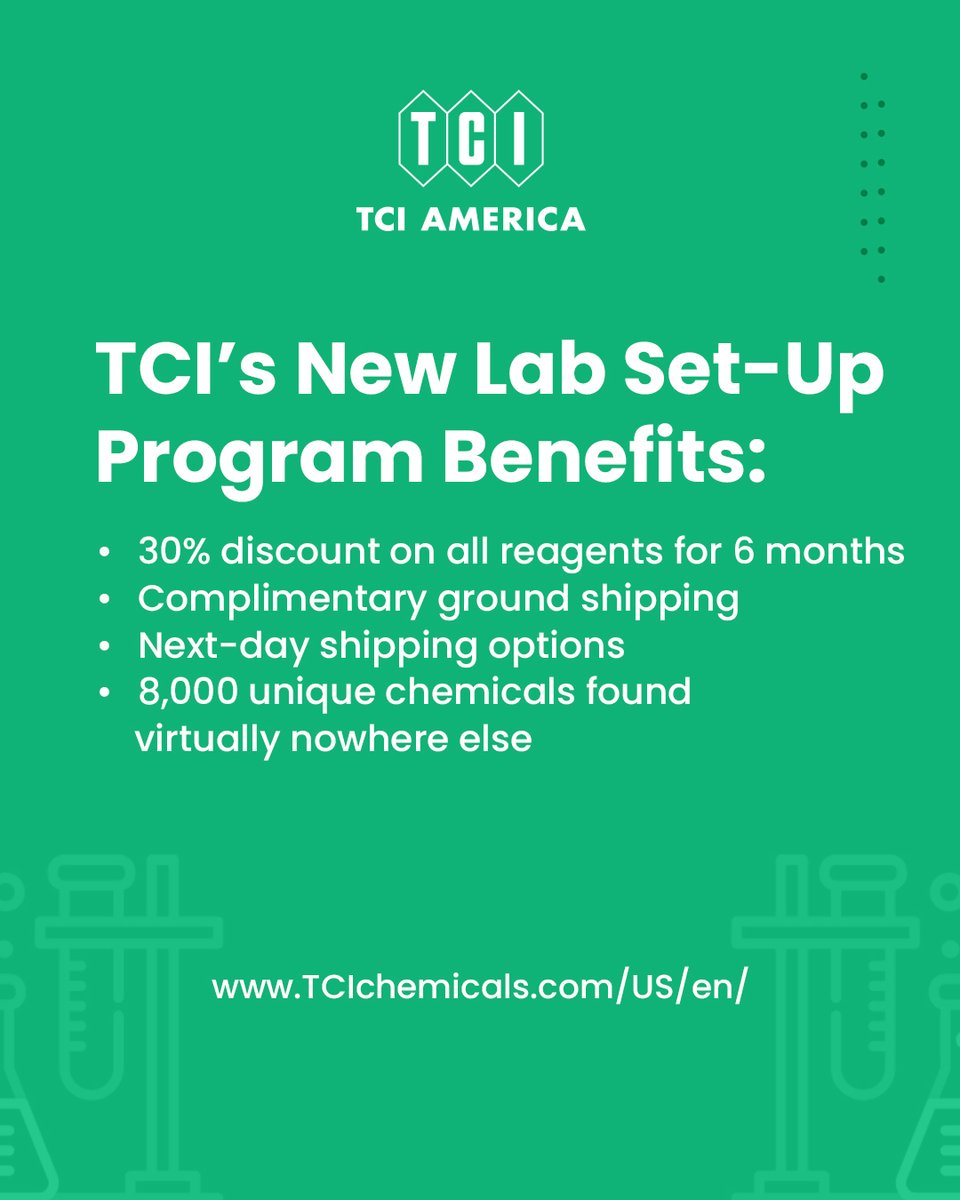 TCIchemicals's tweet image. TCI’s New Lab Set-Up Program

To help you set up your new lab successfully and stay on budget, we’re offering a 30% discount on reagents for 6 months on all orders placed through our online store!

More about the offer: tcichemicals.com/US/en/new-lab-…

#tciamerica #researchlab