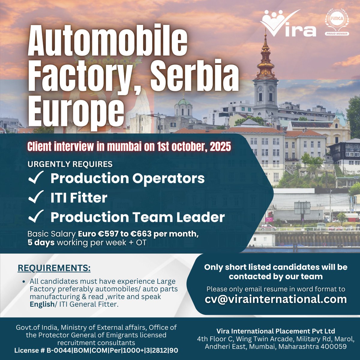Vira_India's tweet image. Work in Europe – Automobile Factory, Serbia!
Client Interview in Mumbai: 1st October 2025

Urgent Requirements:
✅ Production Operators
✅ ITI Fitters
✅ Production Team Leaders

Apply now: cv@virainternational.com
Call us: 022 4056 7777

#Vira #WorkInEurope #SerbiaJobs #Automob