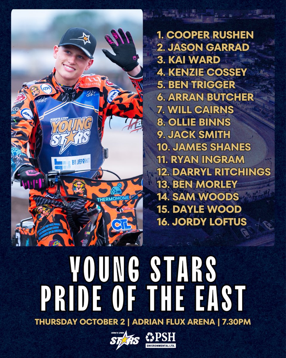 2⃣ 𝗱𝗮𝘆𝘀 𝘁𝗼 𝗴𝗼! 🤩

The final raceday of 2025 🏁

🏆 Young Stars Pride of the East
🏟️ Adrian Flux Arena
📍 PE34 3AG
📆 Thursday October 2
🟢 Start time - 7.30pm

Jody Scott is out with concussion. Full line-up 👇

#OurStars⭐️